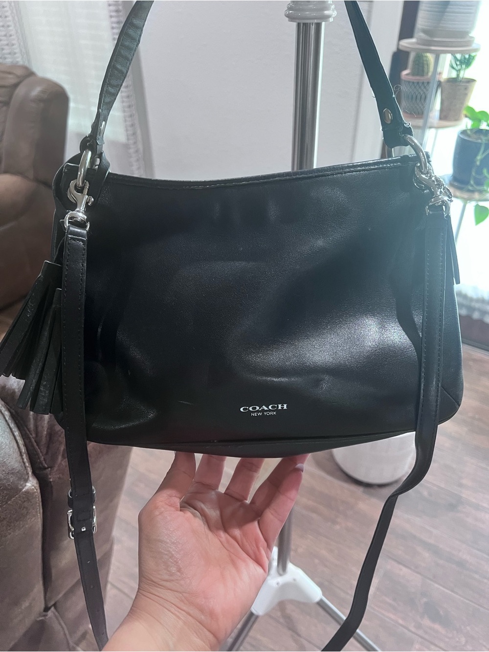 Coach Black Leather Shoulder Bag with Tassel